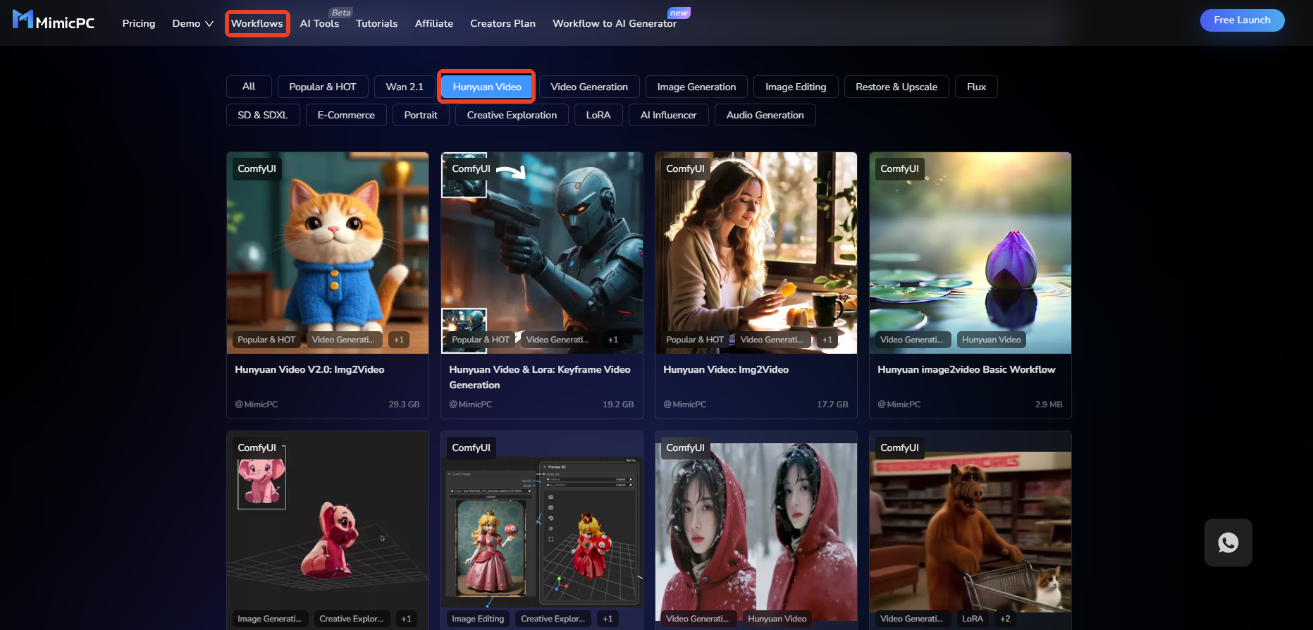 MimicPC offers ready to use comfyui text to video workflows with hunyuan video models