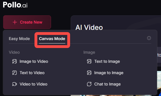 pollo ai canvas mode